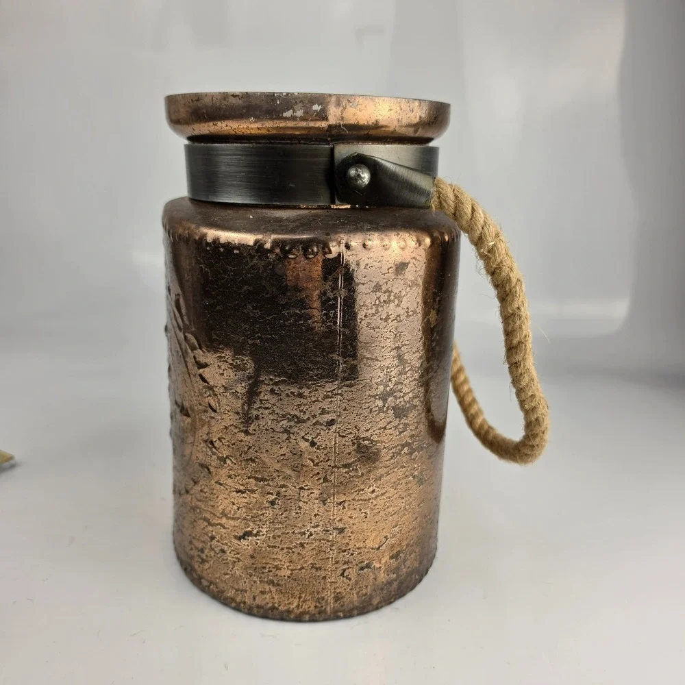 Large Embossed Copper‎ Painted Glass Candle Holder Jar Rope Handle Boho Decor